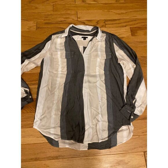 Ann Taylor Tops - Ann Taylor Women's Long Sleeve Striped Blouse Size M Polyester/Rayon Gray/White